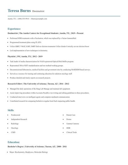 Dosimetrist Resume