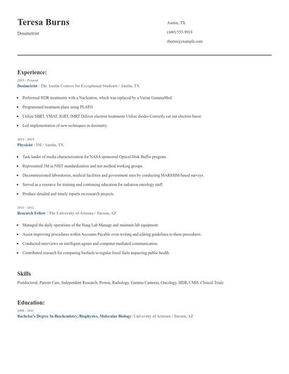 Dosimetrist Resume
