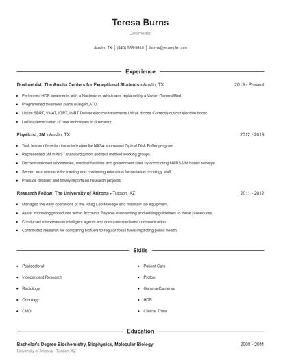 Dosimetrist Resume