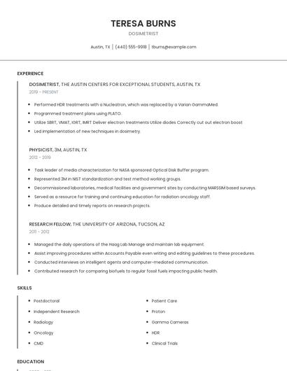 Dosimetrist Resume