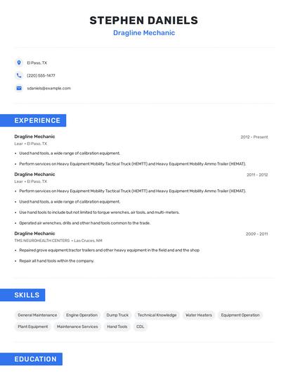 Dragline Mechanic Resume