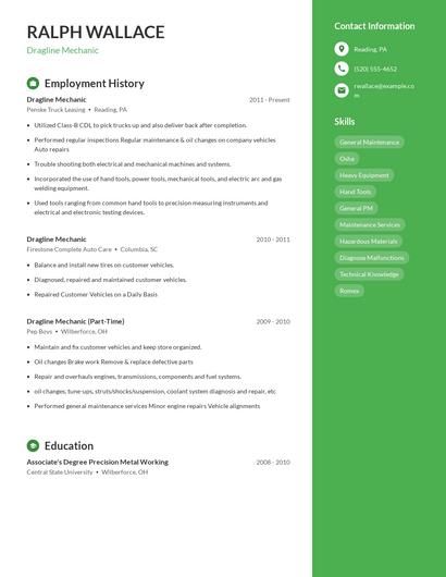 Dragline Mechanic Resume