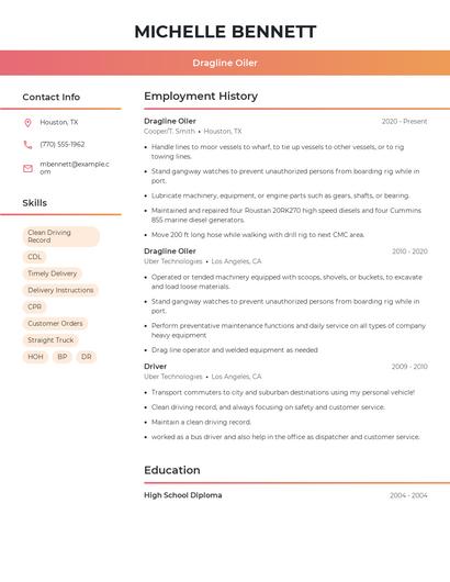 Dragline Oiler Resume