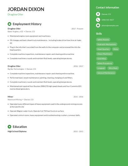 Dragline Oiler Resume