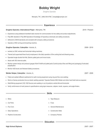 Dragline Operator Resume