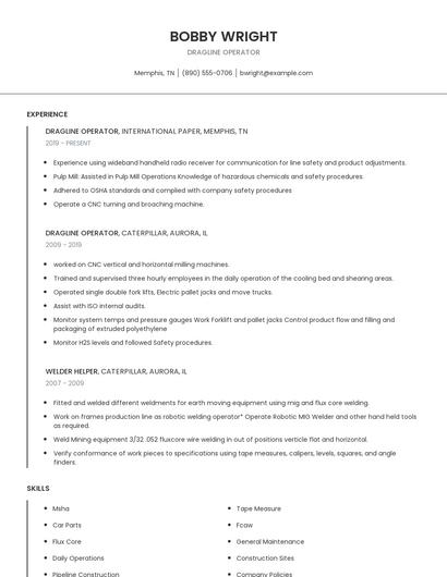 Dragline Operator Resume