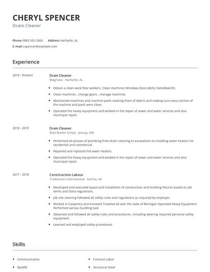 Drain Cleaner Resume