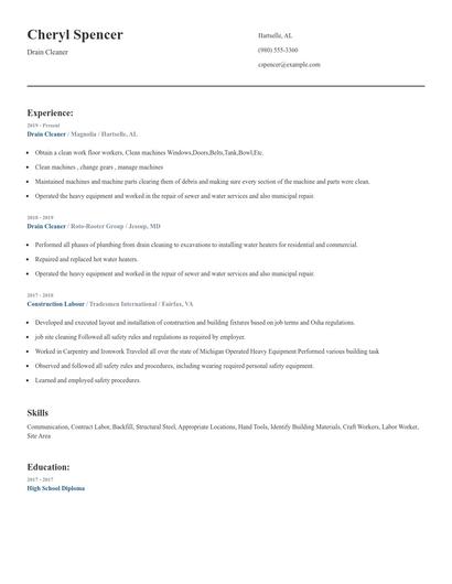Drain Cleaner Resume