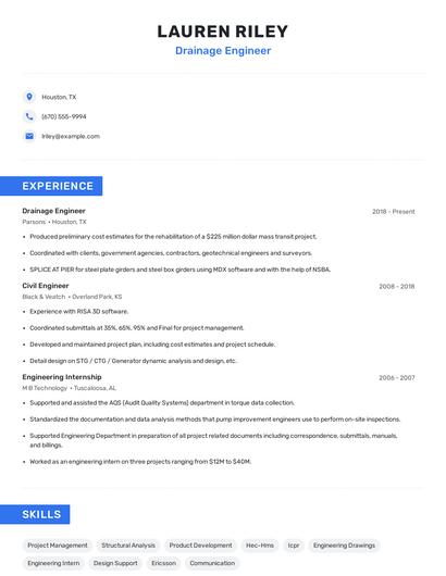 Drainage Engineer Resume