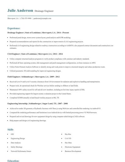 Drainage Engineer Resume