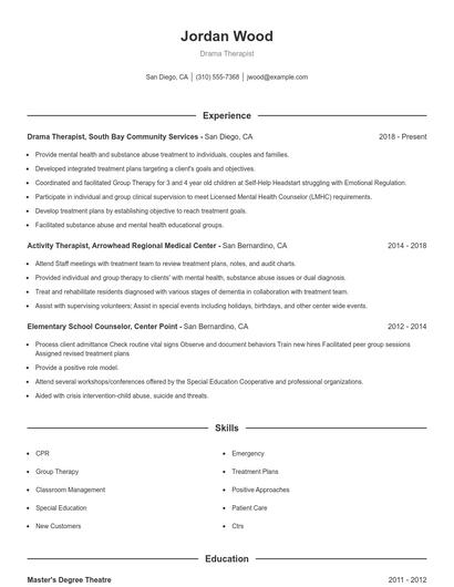 Drama Therapist Resume
