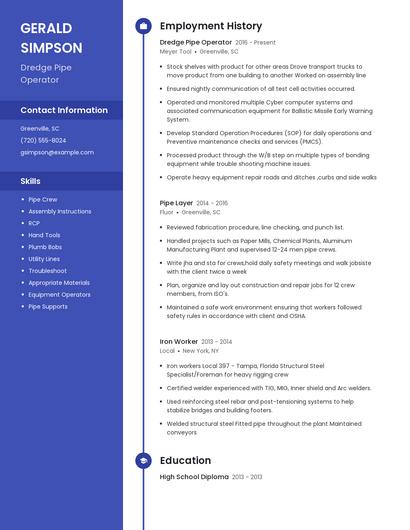 Dredge Pipe Operator Resume