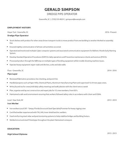 Dredge Pipe Operator Resume