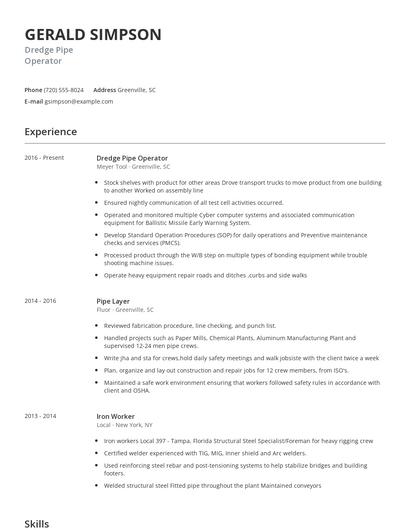 Dredge Pipe Operator Resume