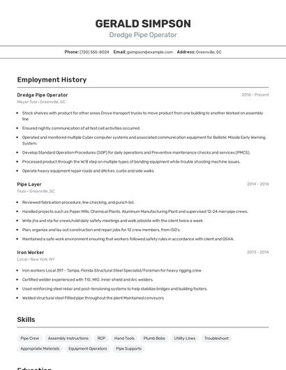 Dredge Pipe Operator Resume