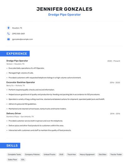 Dredge Pipe Operator Resume