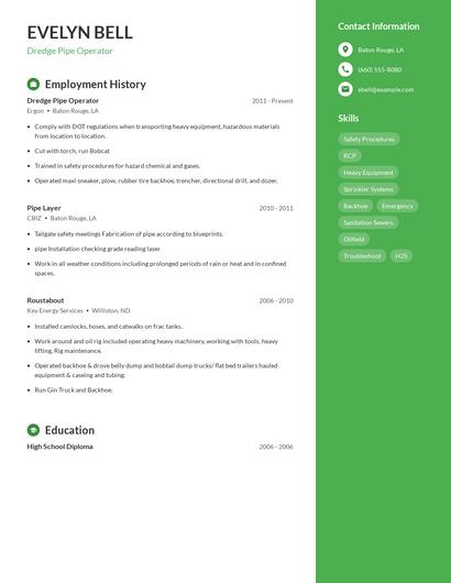 Dredge Pipe Operator Resume