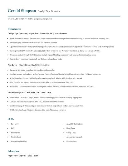Dredge Pipe Operator Resume