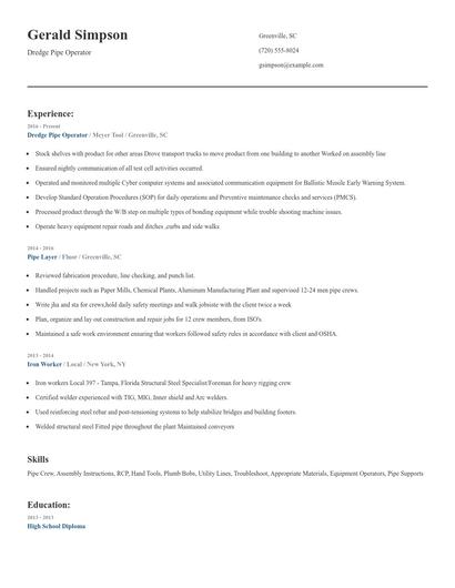 Dredge Pipe Operator Resume