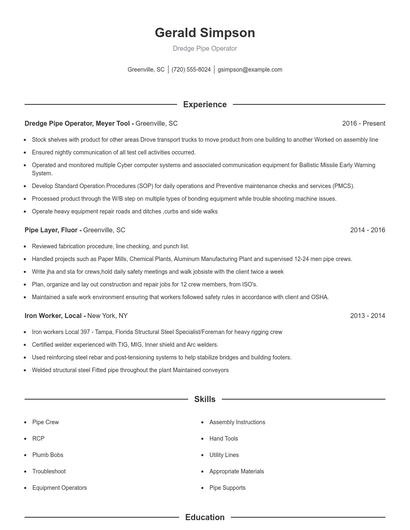 Dredge Pipe Operator Resume