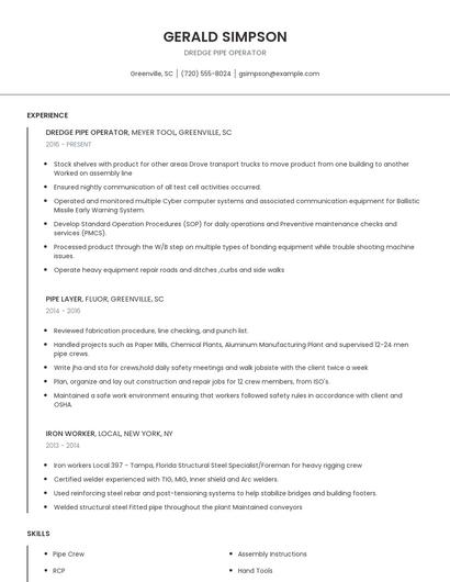 Dredge Pipe Operator Resume