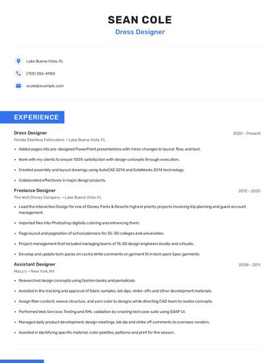 Dress Designer Resume