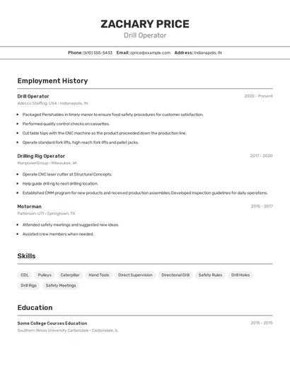 Drill Operator Resume