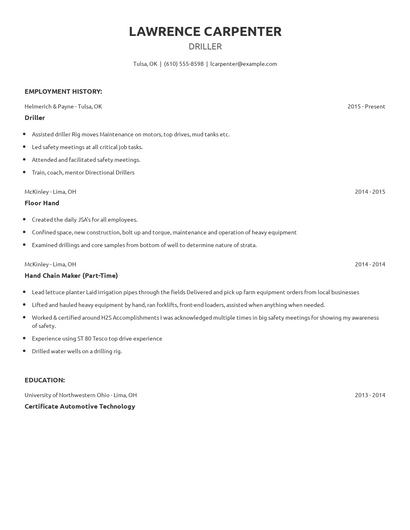 Driller Resume