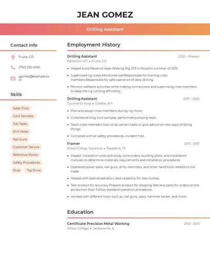 Drilling Assistant Resume