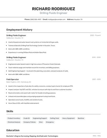 Drilling Fluids Engineer Resume