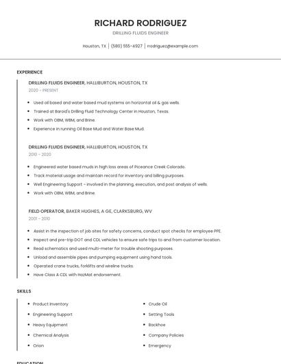 Drilling Fluids Engineer Resume