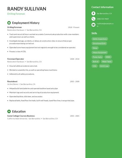 Drilling Foreman Resume
