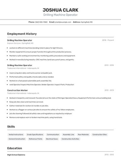 Drilling Machine Operator Resume