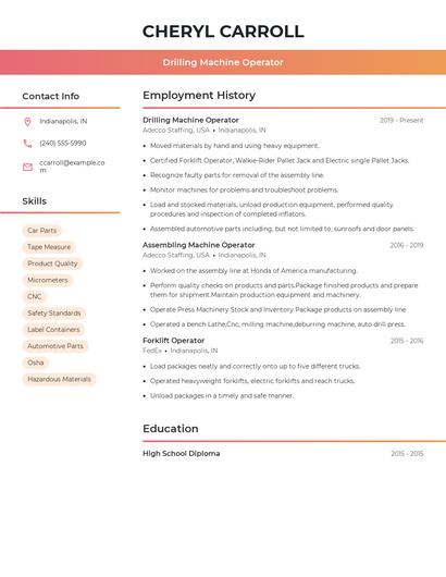 Drilling Machine Operator Resume