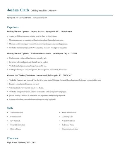 Drilling Machine Operator Resume