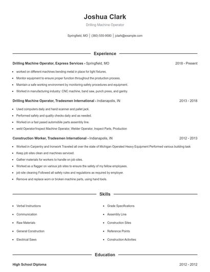 Drilling Machine Operator Resume