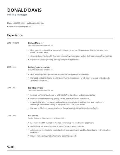 Drilling Manager Resume