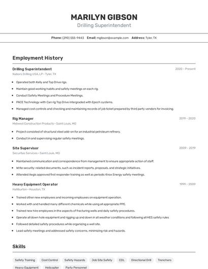 Drilling Superintendent Resume