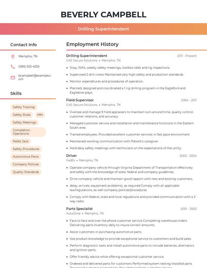 Drilling Superintendent Resume