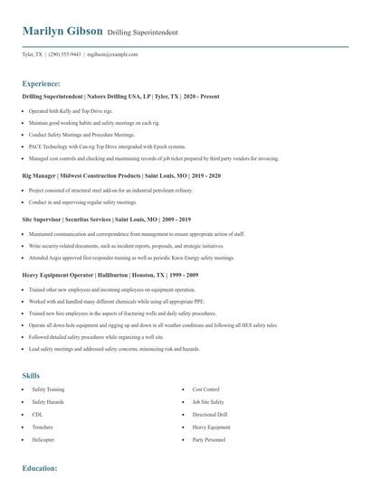 Drilling Superintendent Resume