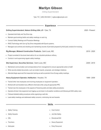 Drilling Superintendent Resume