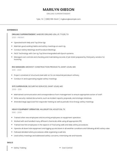 Drilling Superintendent Resume