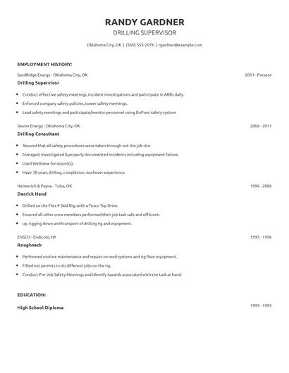Drilling Supervisor Resume
