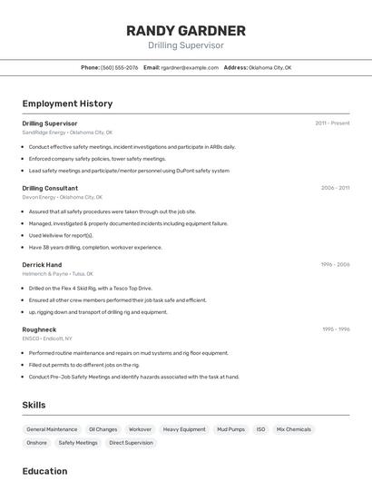 Drilling Supervisor Resume