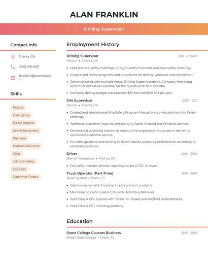 Drilling Supervisor Resume