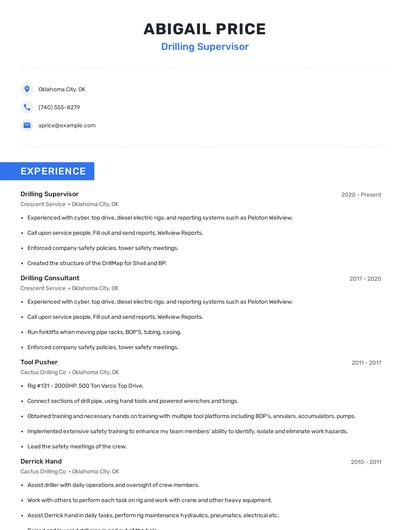 Drilling Supervisor Resume