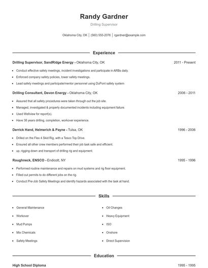 Drilling Supervisor Resume