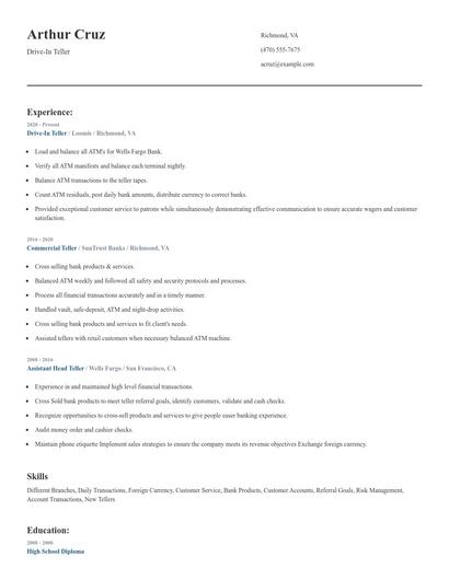 Drive-In Teller Resume
