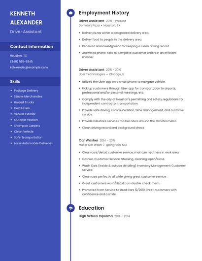 Driver Assistant Resume