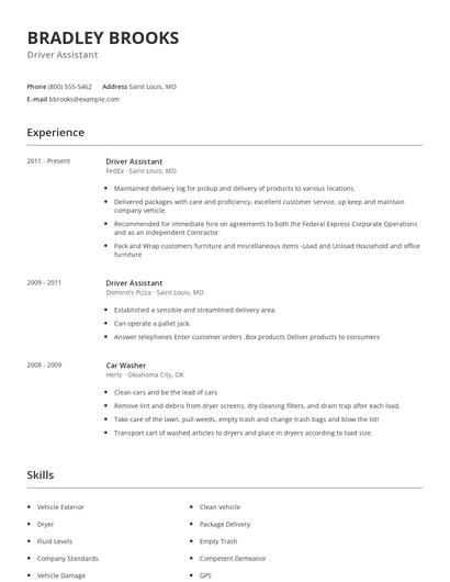 Driver Assistant Resume